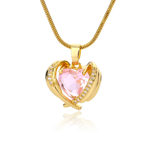 Collar Bohemio de Alas con Corazón Rosa – Gargantilla de Cristal de Acero Inoxidable para Mujer con Circonia Cúbica