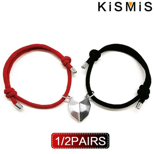 1/2Pairs DIY of Couple Bracelets Friendship Rope Couple Magnetic Bracelet Lover Jewelry for Anniversary Valentine'S Day Wedding Graduation Girlfriends Couple Gift Black and White Love Wishing Stone Couple Bracelet