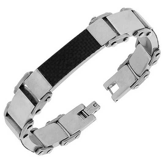 Brazalete para hombre de acero inoxidable - bicolor y fibra de carbono simulada.